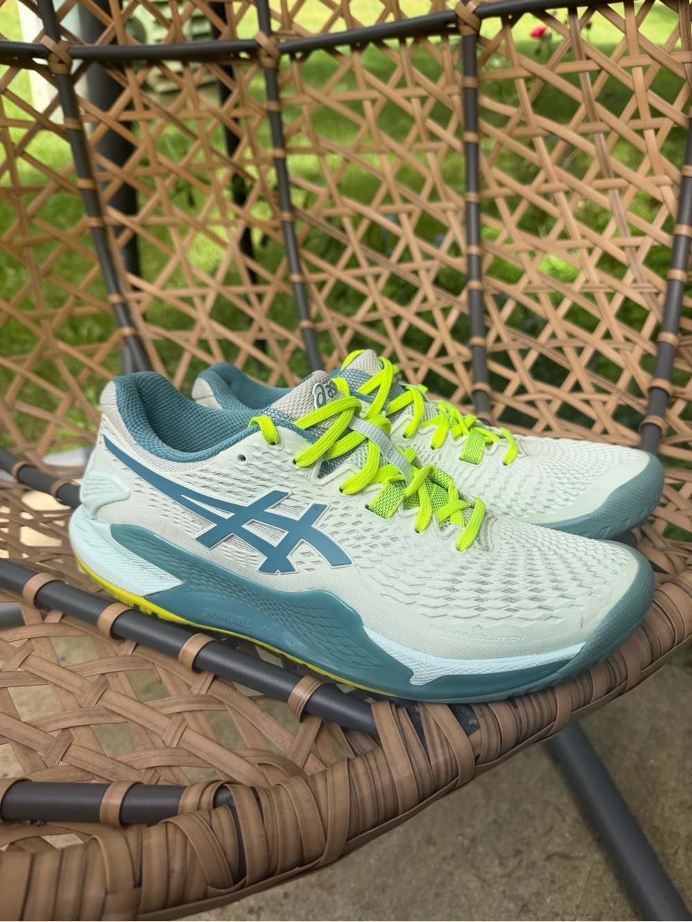 ASICS Men’s Mint Green Athletic Shoes with Neon Yellow Laces